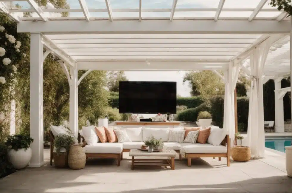 PhotoReal white pergola with tv on walls 0 980x647 1