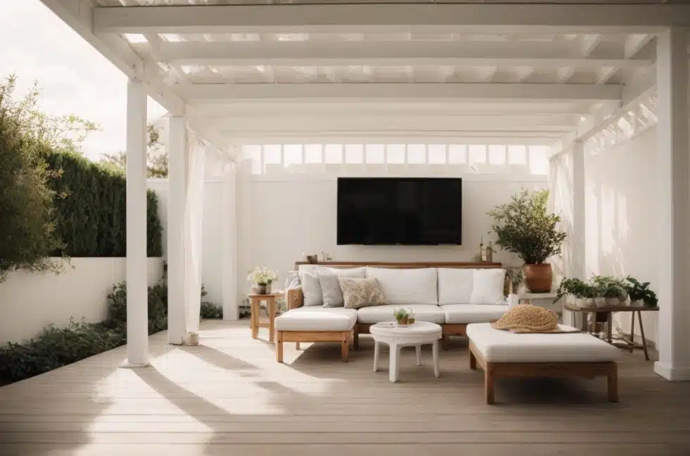 PhotoReal white pergola with tv on walls 3 980x647 1