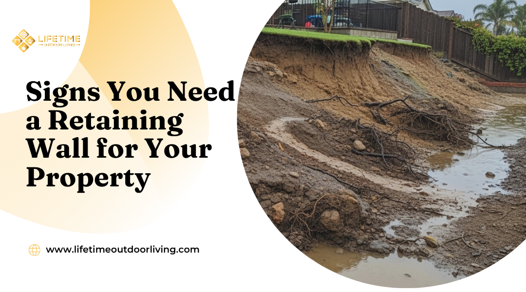 Sloped backyard with visible soil erosion and exposed roots after rain, indicating need for a retaining wall.