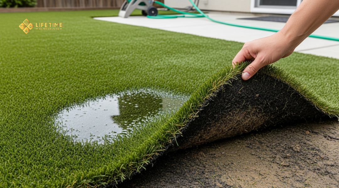 Artificial turf with pooling water and visible moisture issues caused by poor drainage. 
