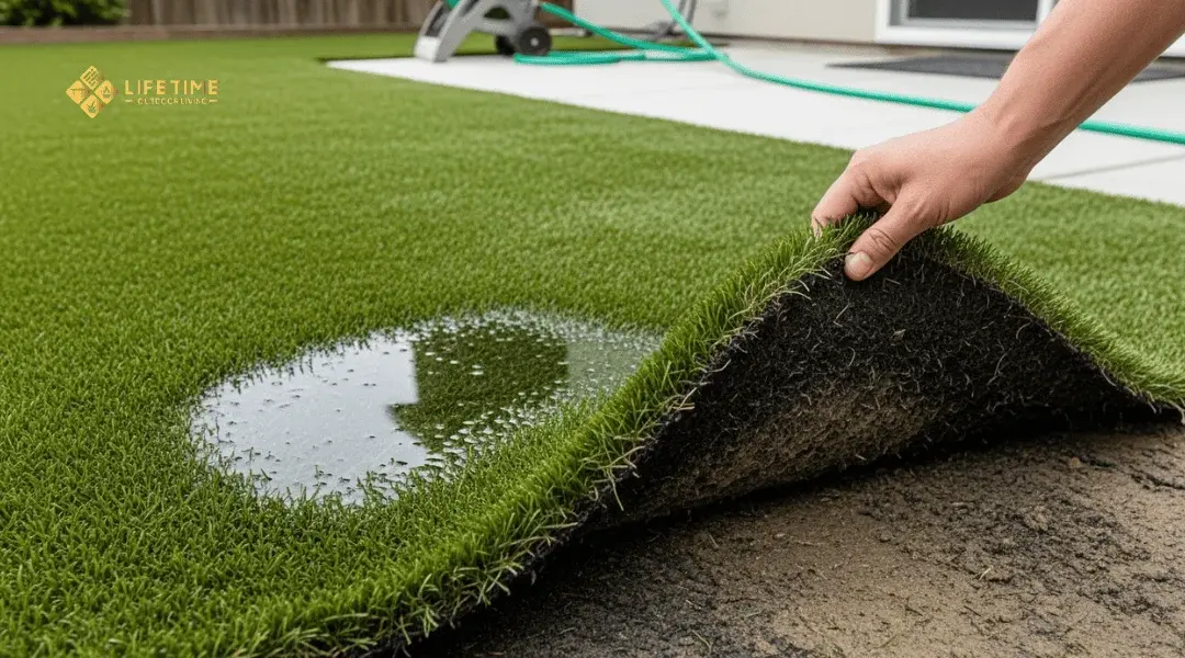 Artificial turf with pooling water and visible moisture issues caused by poor drainage. 