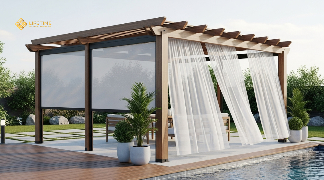 Modern pergola setup with retractable canopy and curtains, showing flexible design placement beside a patio and pool area. 