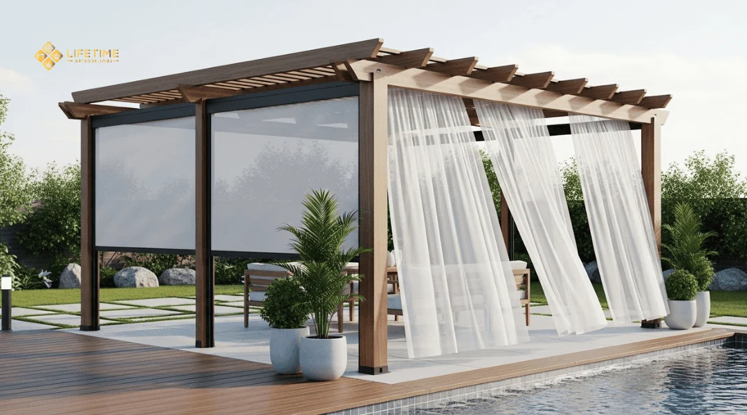 Modern pergola setup with retractable canopy and curtains, showing flexible design placement beside a patio and pool area.