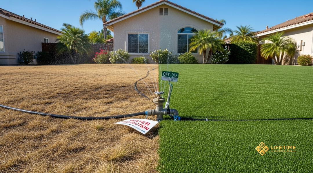 Artificial turf next to drought-affected natural grass in an Orange County yard, illustrating water restrictions and lawn performance. 