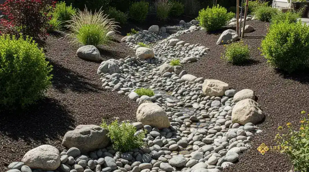 Decorative dry creek bed in a sloped backyard, lined with rocks and native plants for natural drainage.