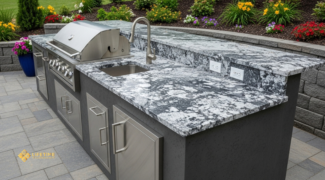 Granite and concrete outdoor kitchen countertops with wide prep space and weather-resistant materials in a backyard setting.