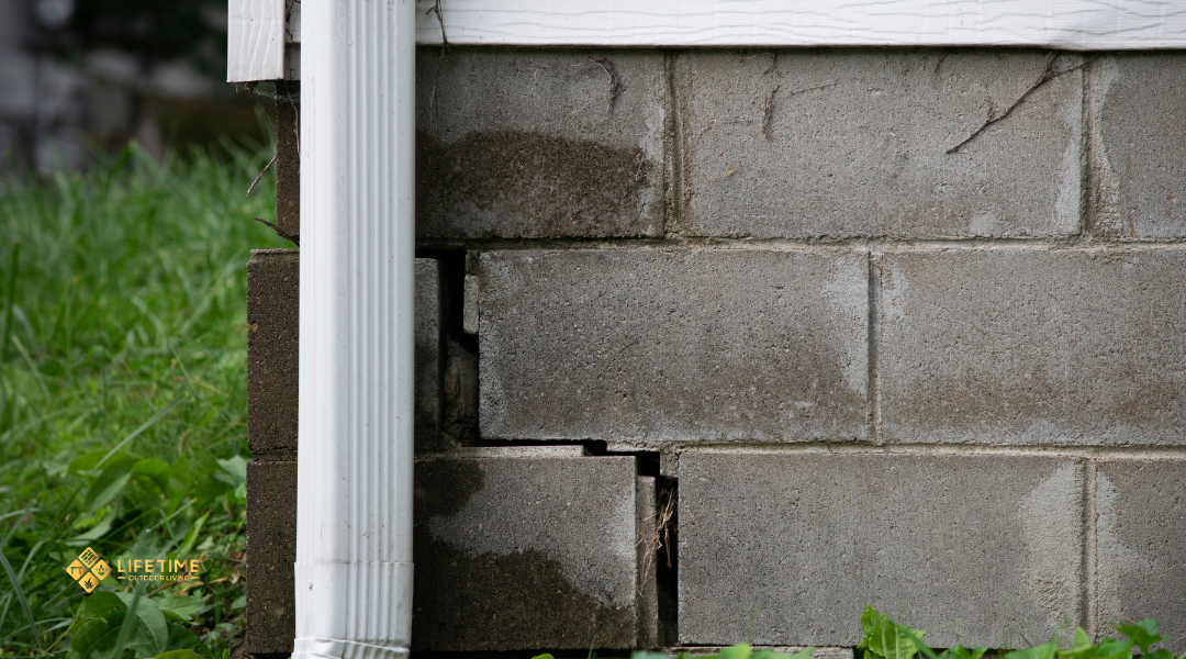 Visible stair-step cracks in a brick foundation caused by soil pressure on a propert