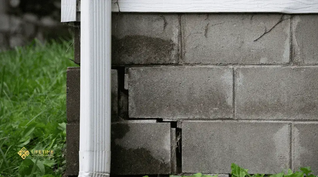Visible stair-step cracks in a brick foundation caused by soil pressure on a propert