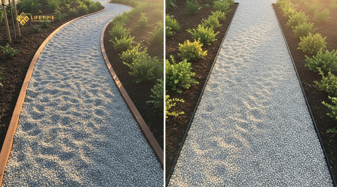 Curved and straight gravel pathways in a landscaped backyard with wood and metal edging. 