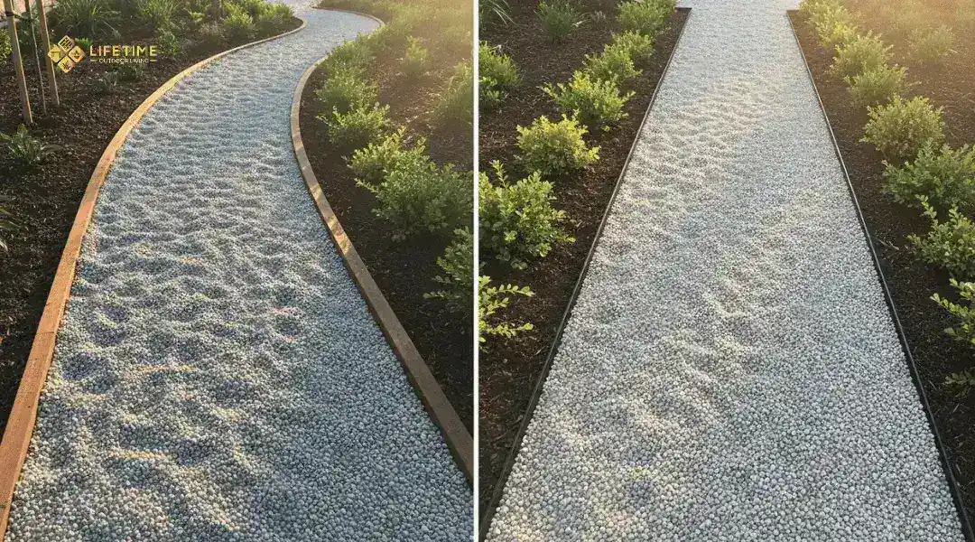 Curved and straight gravel pathways in a landscaped backyard with wood and metal edging.