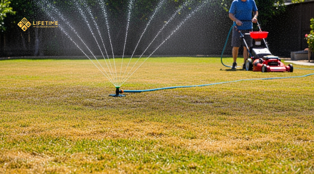 Natural lawn in Orange County requiring heavy watering, maintenance, and pest control during dry conditions. 