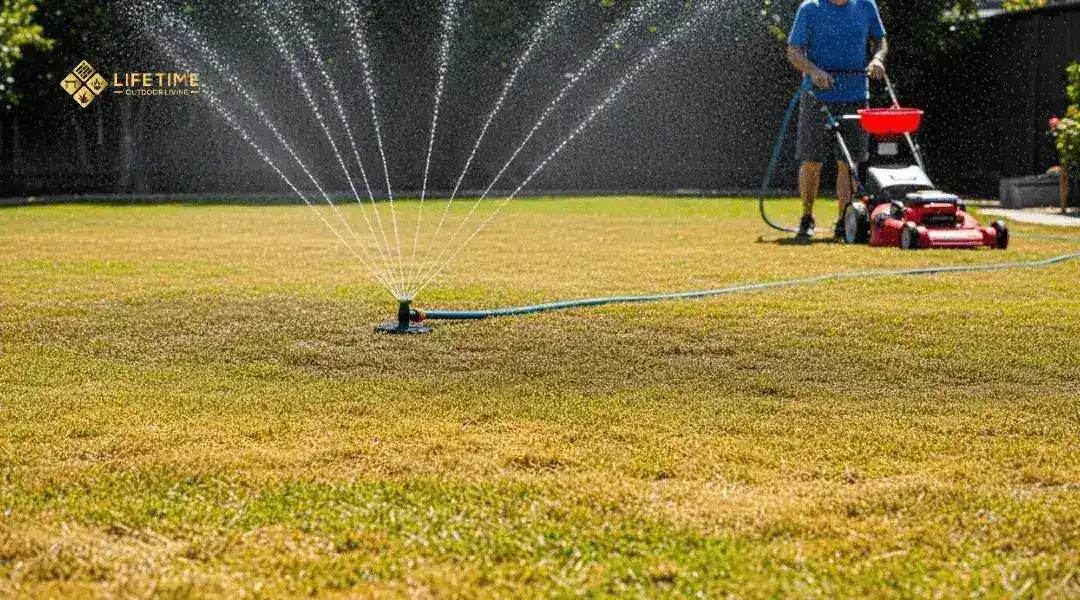 Natural lawn in Orange County requiring heavy watering, maintenance, and pest control during dry conditions.