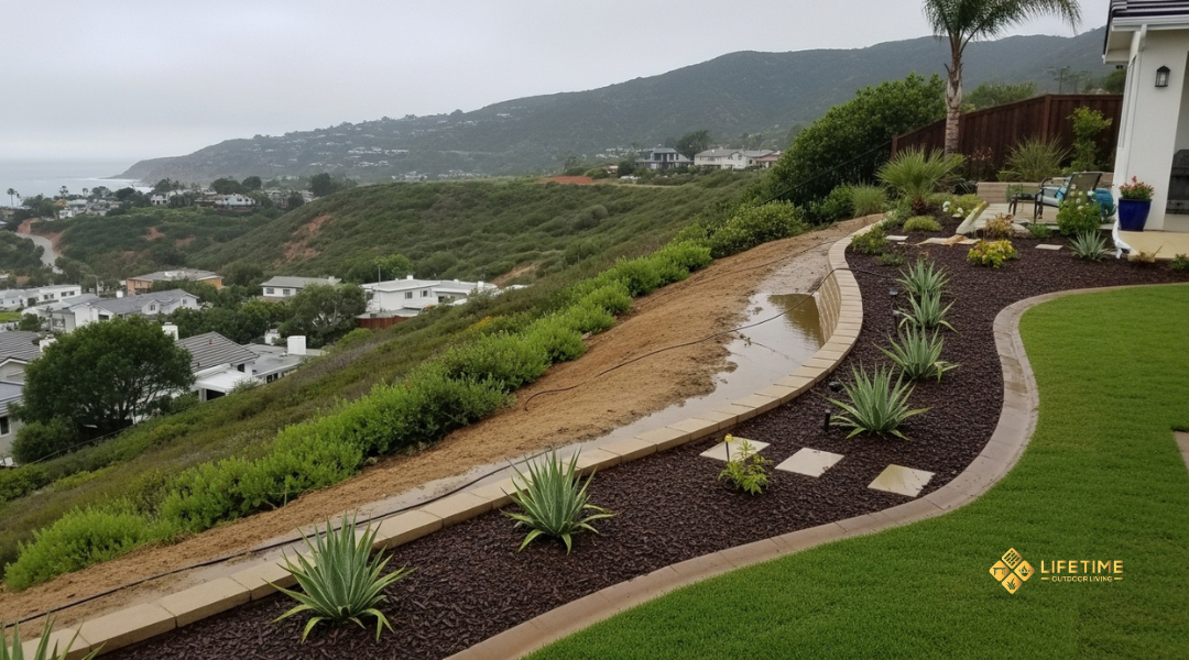 Sloped backyard in Laguna Beach with signs of erosion and water pooling due to compacted soil and coastal terrain. 