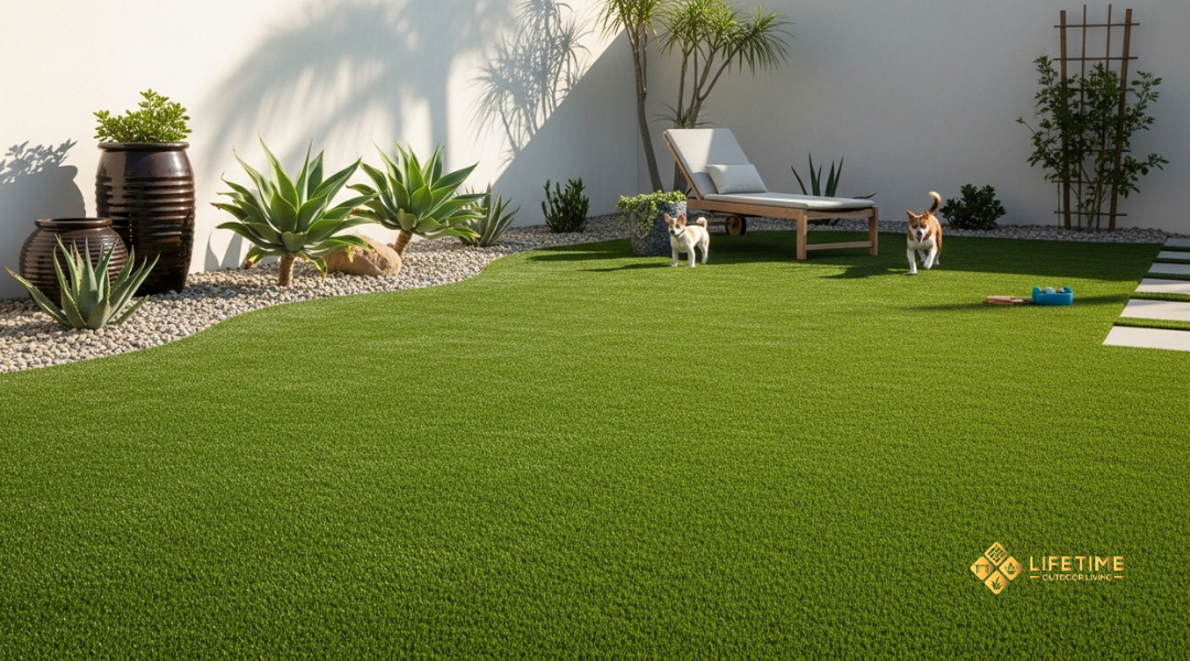 Low-maintenance artificial turf lawn in an Orange County backyard, showing water savings and durability in a dry climate. 