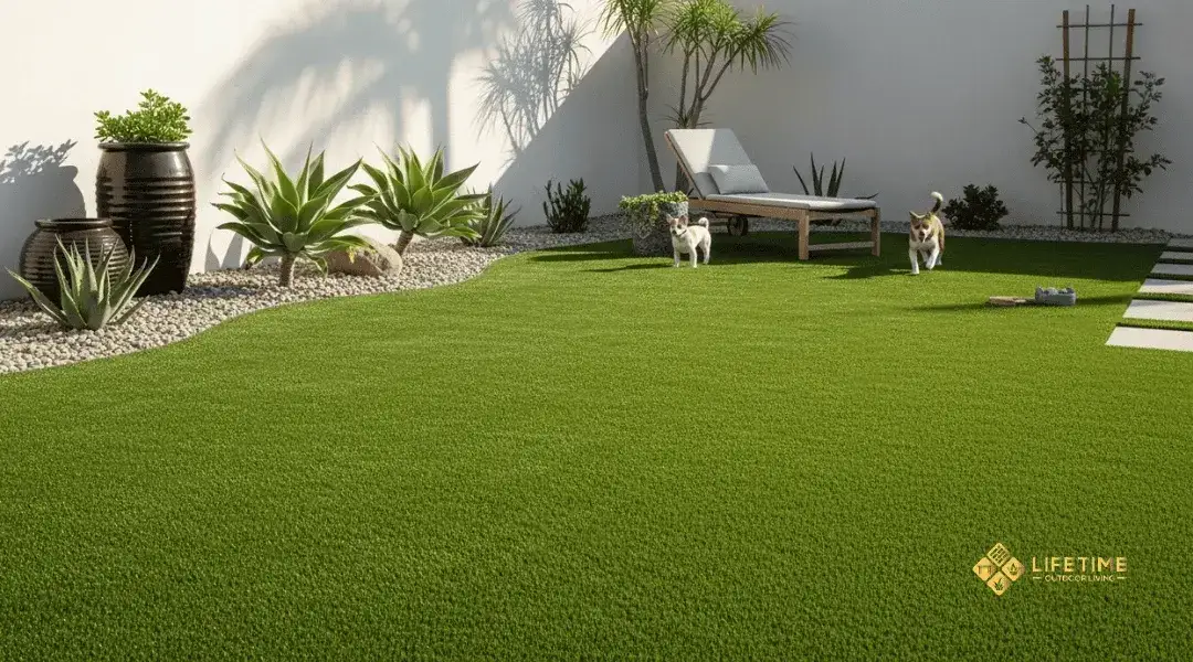 Low-maintenance artificial turf lawn in an Orange County backyard, showing water savings and durability in a dry climate.