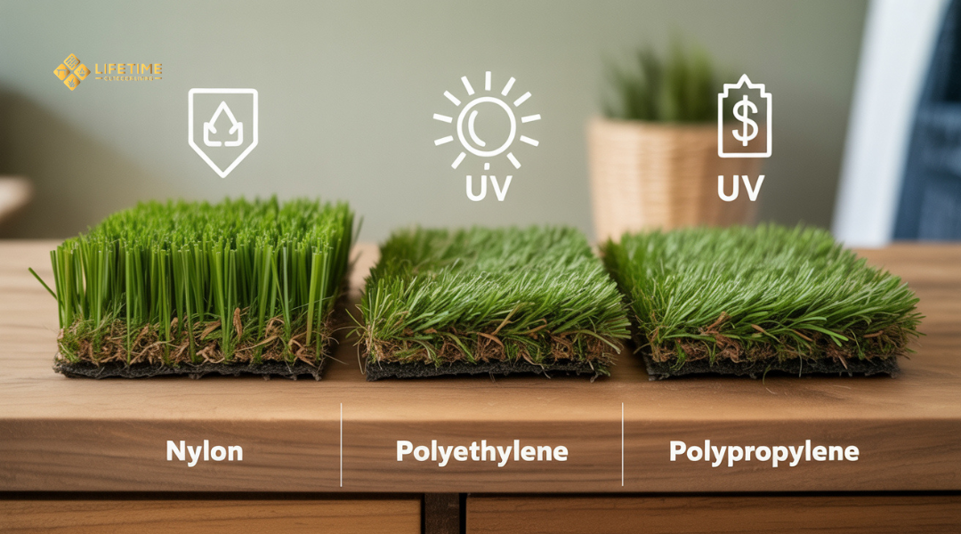 Comparison of nylon, polyethylene, and polypropylene turf samples showing differences in durability and appearance. 