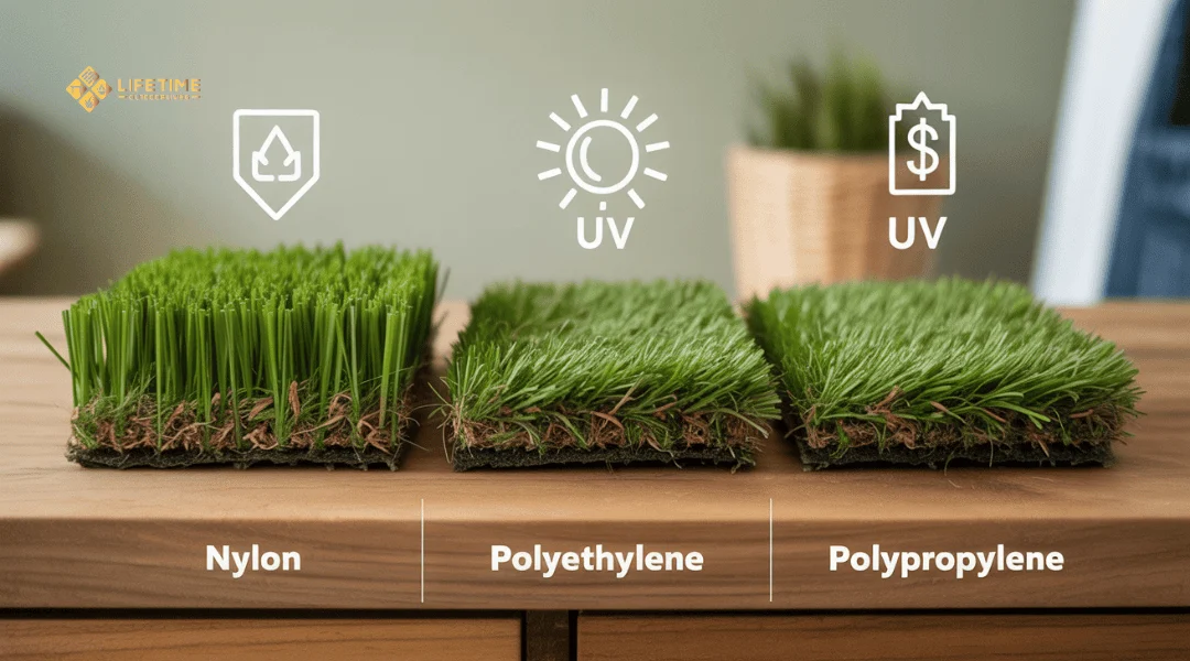 Comparison of nylon, polyethylene, and polypropylene turf samples showing differences in durability and appearance. 