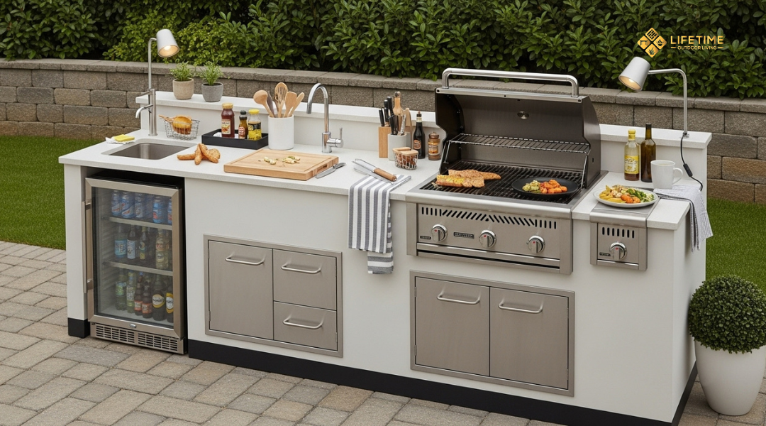 Outdoor kitchen layout with organized workflow from fridge to prep, grill, sink, and serving area for cooking efficiency.