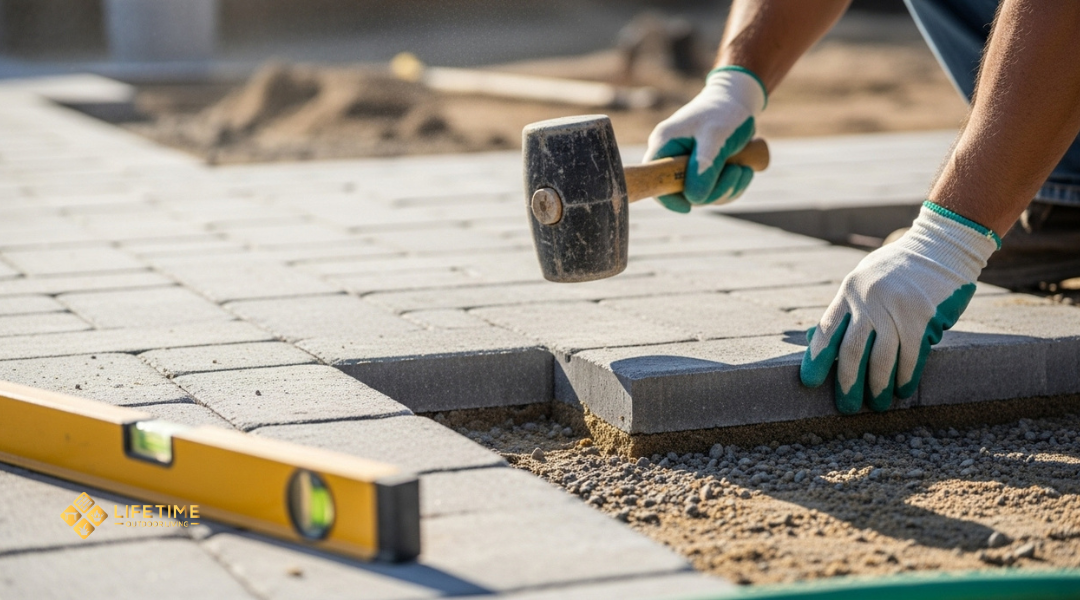 Paver being installed with proper base and temperature control to ensure ideal curing in Southern California. 