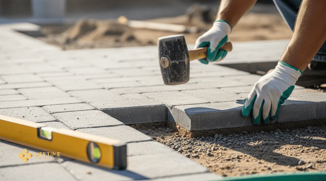 Paver being installed with proper base and temperature control to ensure ideal curing in Southern California. 