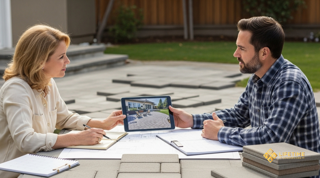Homeowner consulting with outdoor contractor to schedule a paver project in advance during the ideal season in Orange County. 