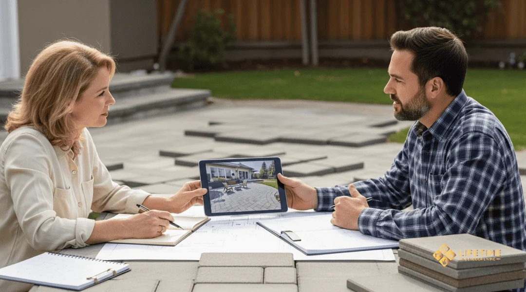 Homeowner consulting with outdoor contractor to schedule a paver project in advance during the ideal season in Orange County. 