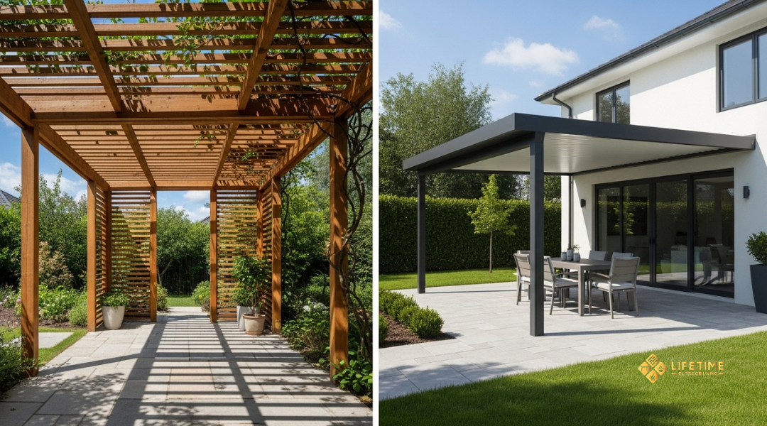 Side-by-side view of a pergola and patio cover showcasing the design, shade, and structural differences in a landscaped backyard. 