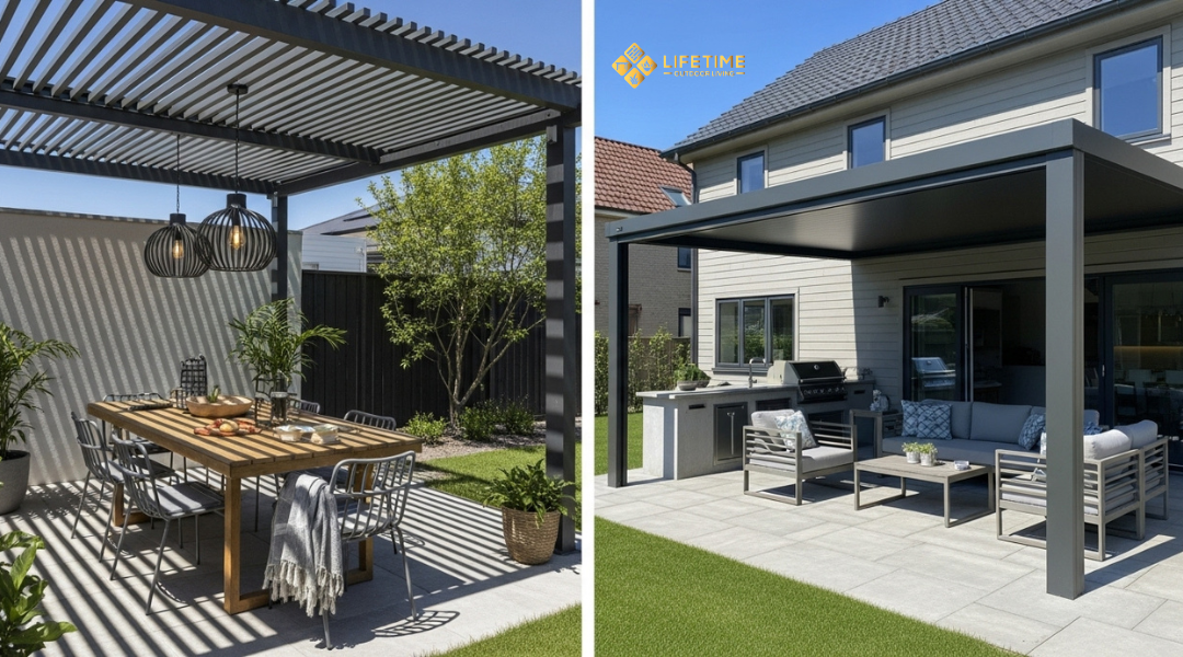 Comparison of a pergola used for shaded dining and a patio cover sheltering an outdoor lounge and kitchen setup. 