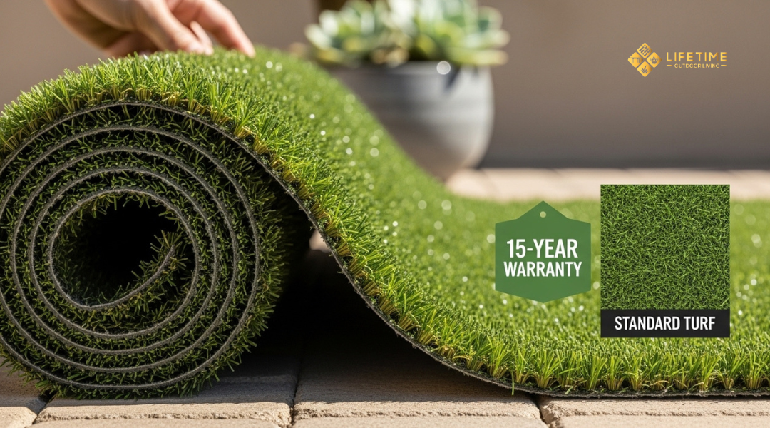 Premium artificial turf sample with visible dense fibers and 15-year warranty tag, displayed outdoors in Southern California sunlight. 