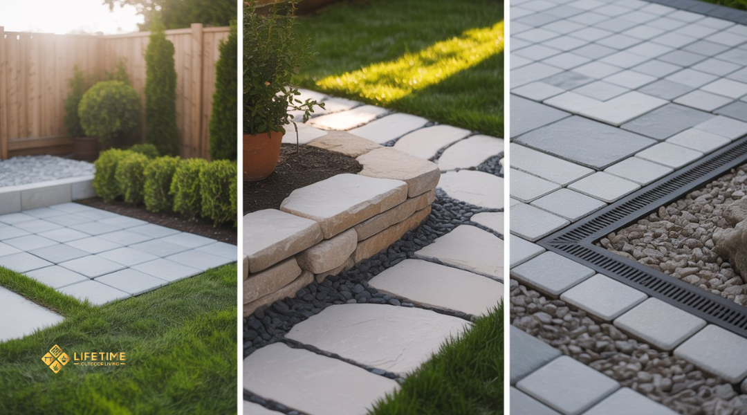 Backyard renovation projects of different sizes showing concrete, stone, and drainage setups. 