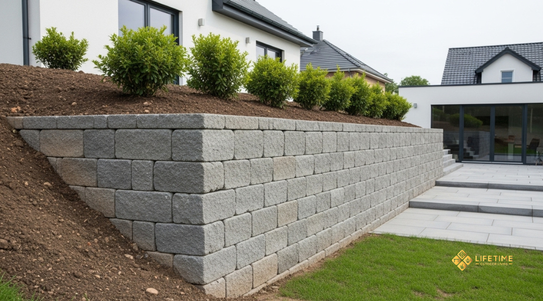 Concrete block retaining wall supporting a sloped garden, preventing erosion and creating level ground. 