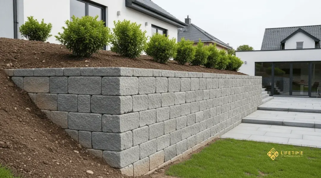 Concrete block retaining wall supporting a sloped garden, preventing erosion and creating level ground.