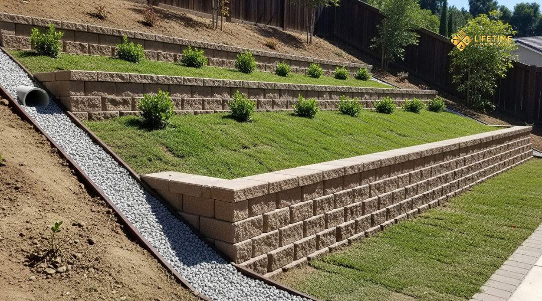 Stone retaining wall stabilizing a slope and directing rainwater runoff away from landscaped soil. 