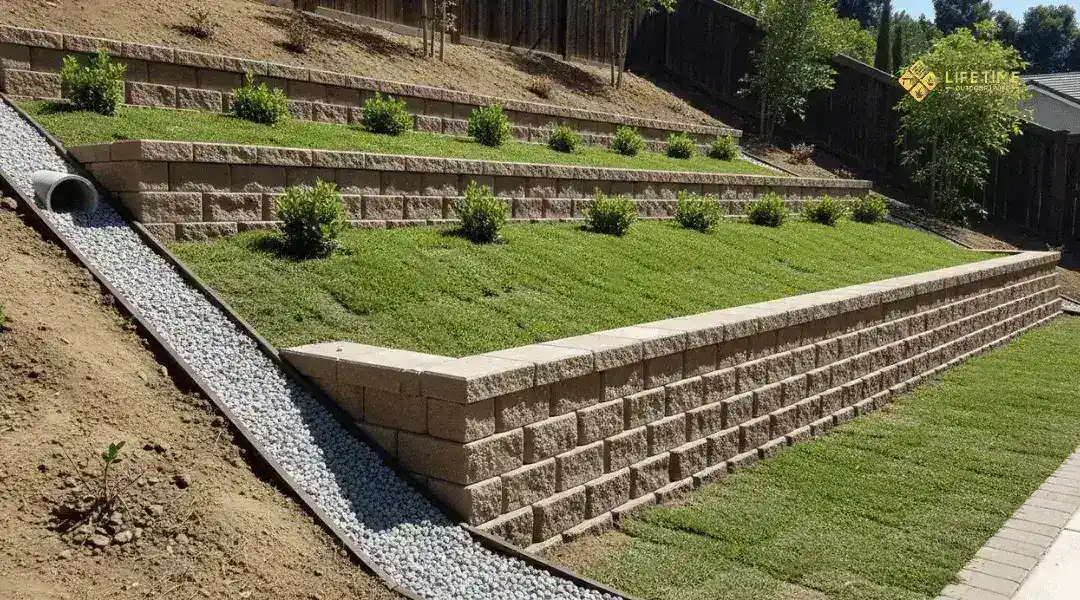 Stone retaining wall stabilizing a slope and directing rainwater runoff away from landscaped soil.