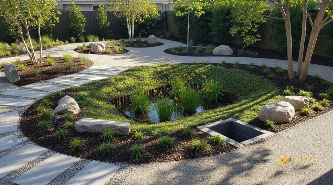 Backyard landscape with drought-tolerant plants, gravel paths, and a rain garden for smart drainage.


