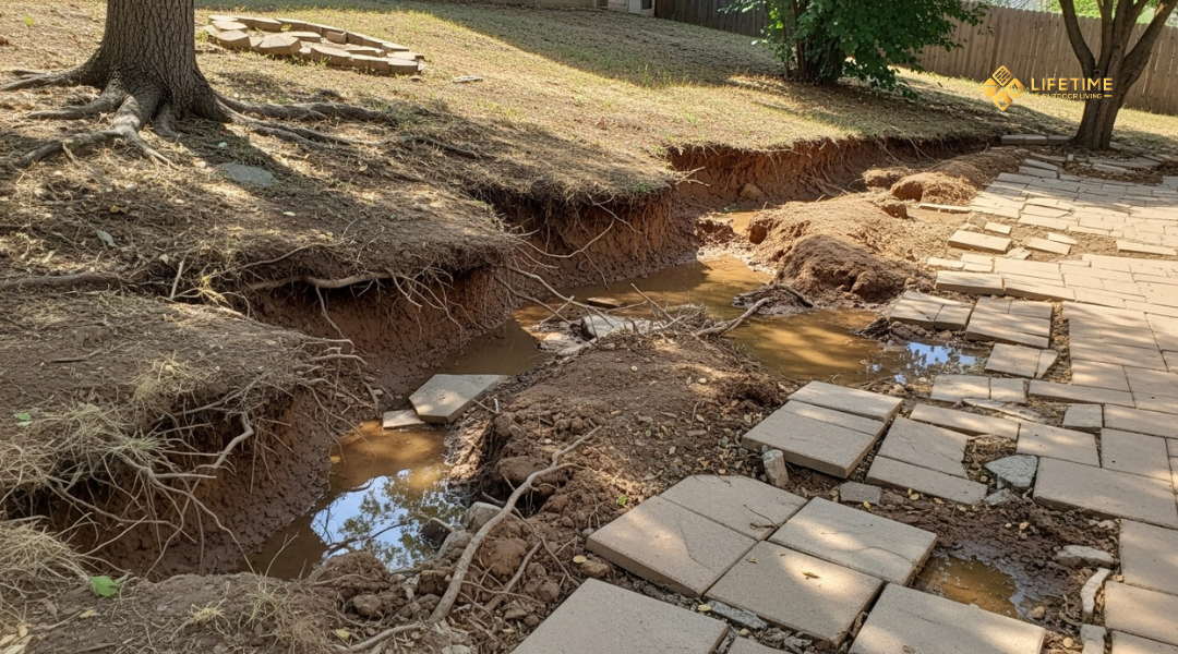 Sloped yard with water pooling, exposed roots, and cracked pavers from soil shifting. 