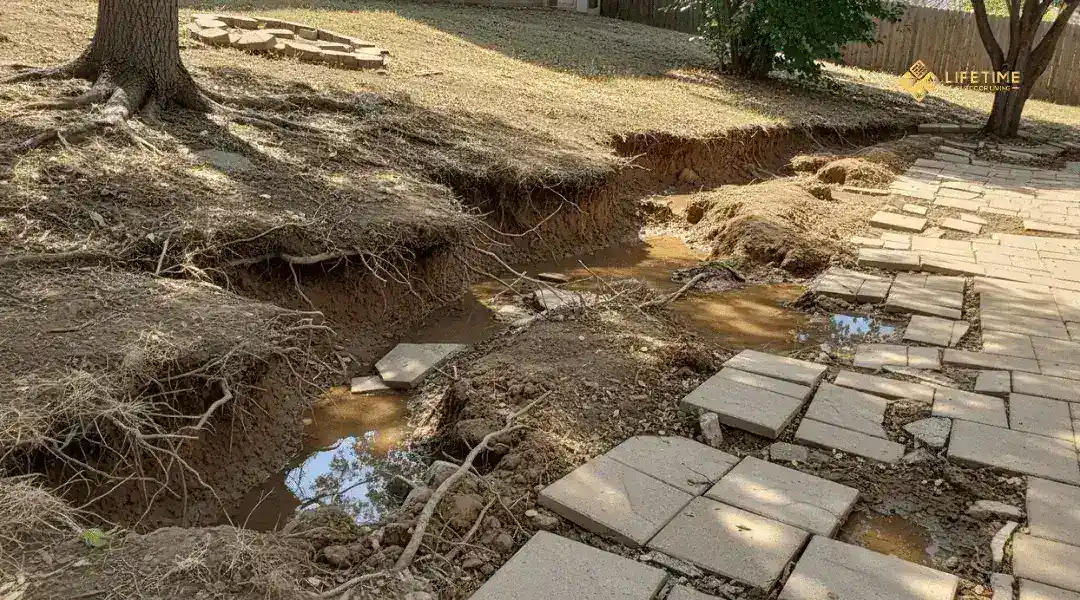 Sloped yard with water pooling, exposed roots, and cracked pavers from soil shifting.
