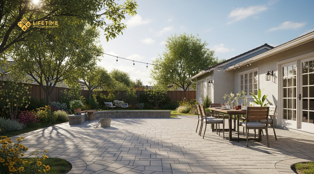 Newly installed paver patio in a sunny Southern California backyard during spring, surrounded by blooming landscaping. 
