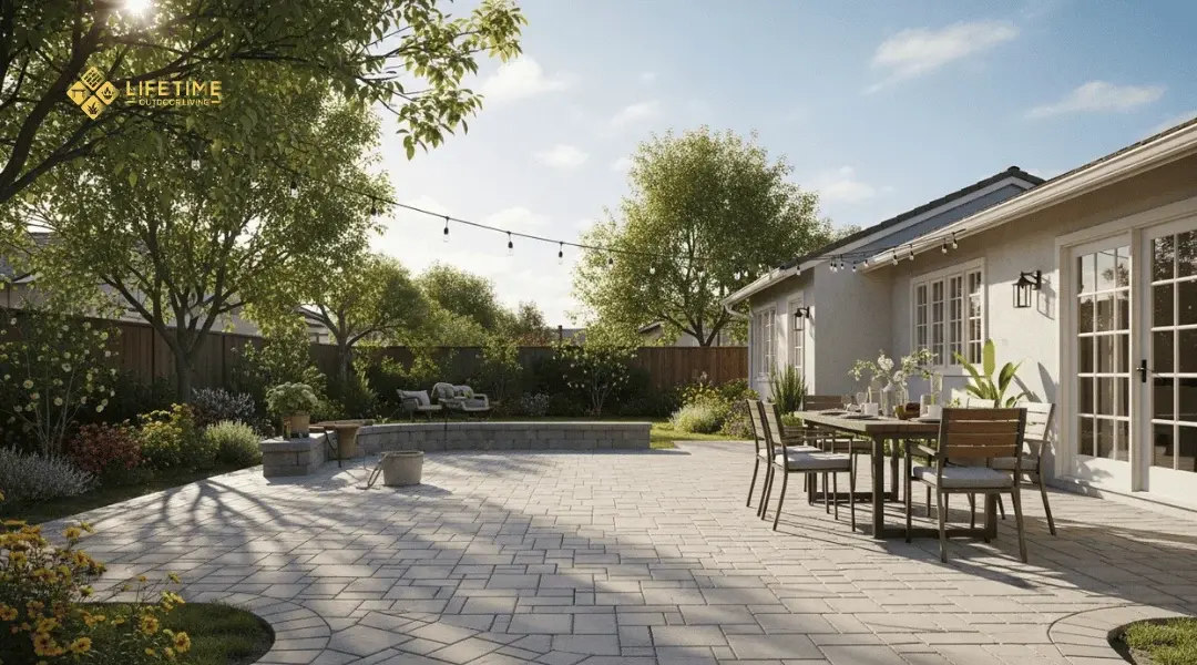 Newly installed paver patio in a sunny Southern California backyard during spring, surrounded by blooming landscaping. 