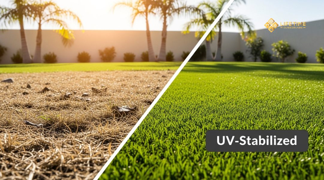 Side-by-side comparison of UV-damaged and UV-stabilized artificial turf under bright Southern California sun. 