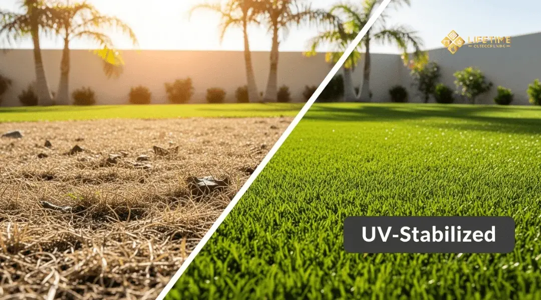 Side-by-side comparison of UV-damaged and UV-stabilized artificial turf under bright Southern California sun. 