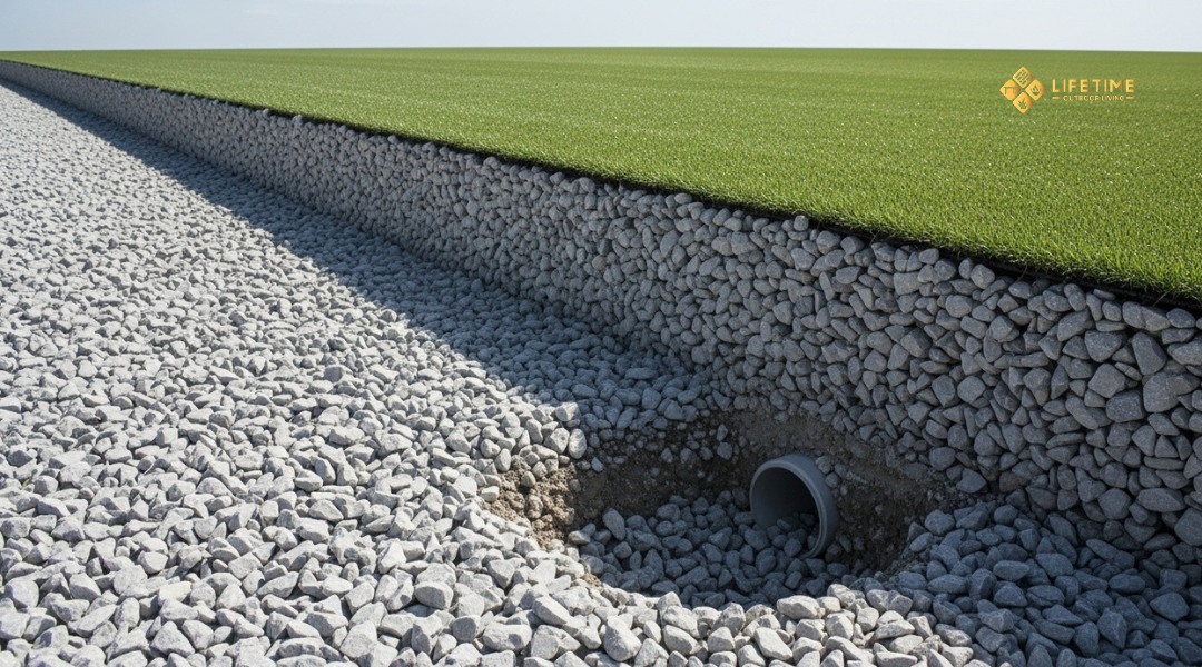 Comparison of artificial turf bases showing soil, sand, and clay causing drainage problems versus crushed rock base providing stability and proper drainage.