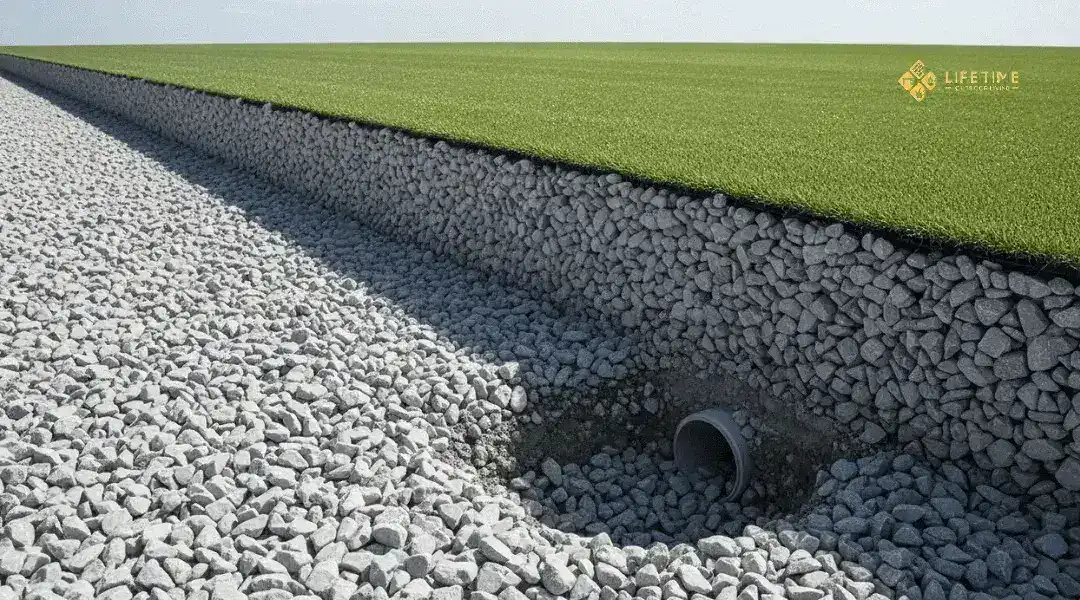 Comparison of artificial turf bases showing soil, sand, and clay causing drainage problems versus crushed rock base providing stability and proper drainage.