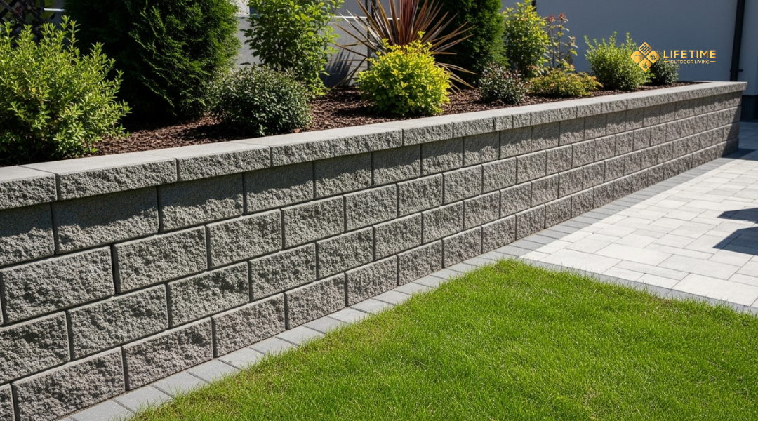 Residential retaining wall built with interlocking concrete blocks, showing clean lines and textured finish in a landscaped yard.