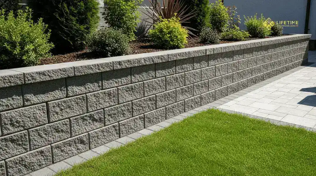 Residential retaining wall built with interlocking concrete blocks, showing clean lines and textured finish in a landscaped yard.
