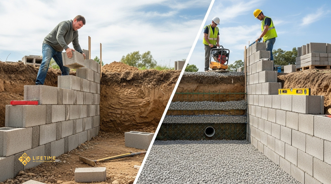 Side-by-side comparison of DIY vs professional retaining wall installation showing unstable DIY wall versus properly reinforced professional wall.