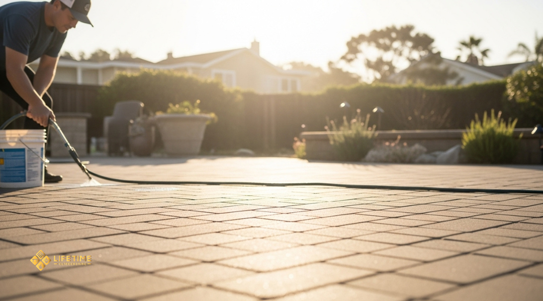 Homeowner applying UV-protective sealer to paver patio in Laguna Beach to prevent sun fading and damage.