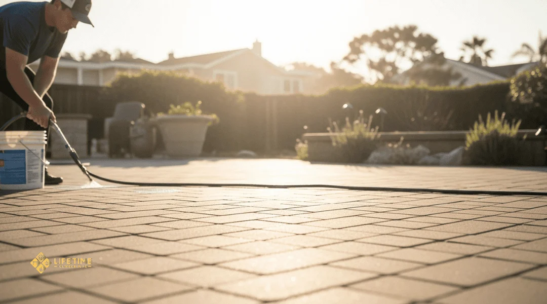 Homeowner applying UV-protective sealer to paver patio in Laguna Beach to prevent sun fading and damage.