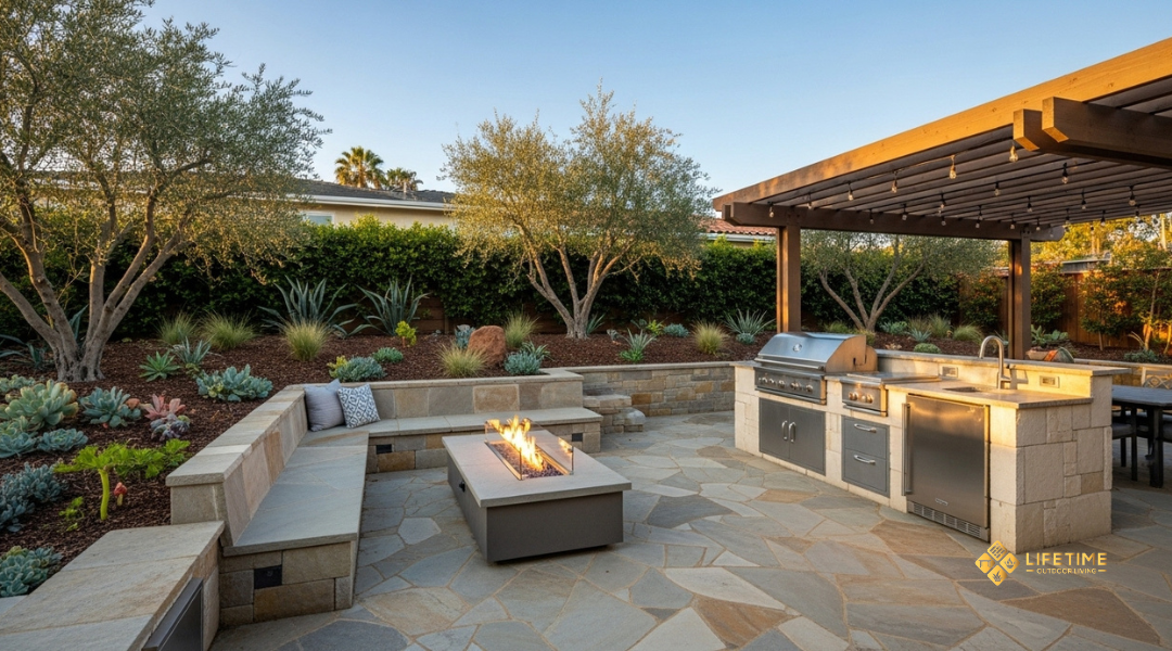 Orange County backyard remodel with stone patio, fire pit, outdoor kitchen, pergola, and drought-tolerant landscaping