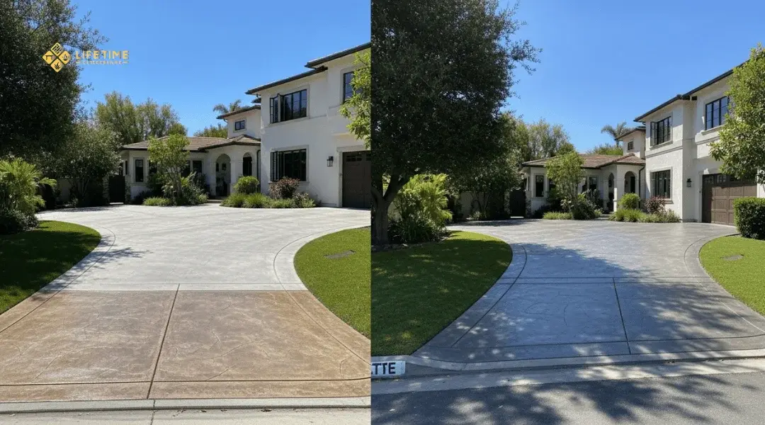Modern concrete driveway showing various smooth finish textures and color options